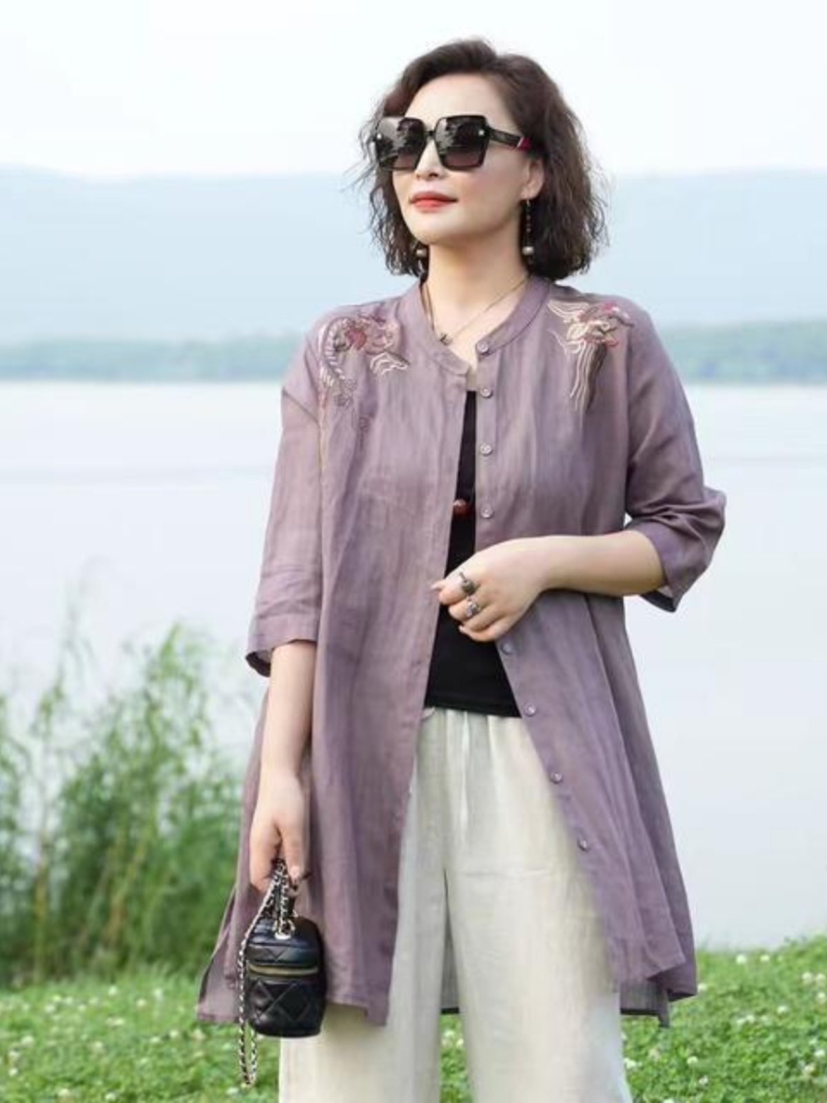 Embroidery Cardigan - Retro Embroidered Cotton Linen Blend Thin