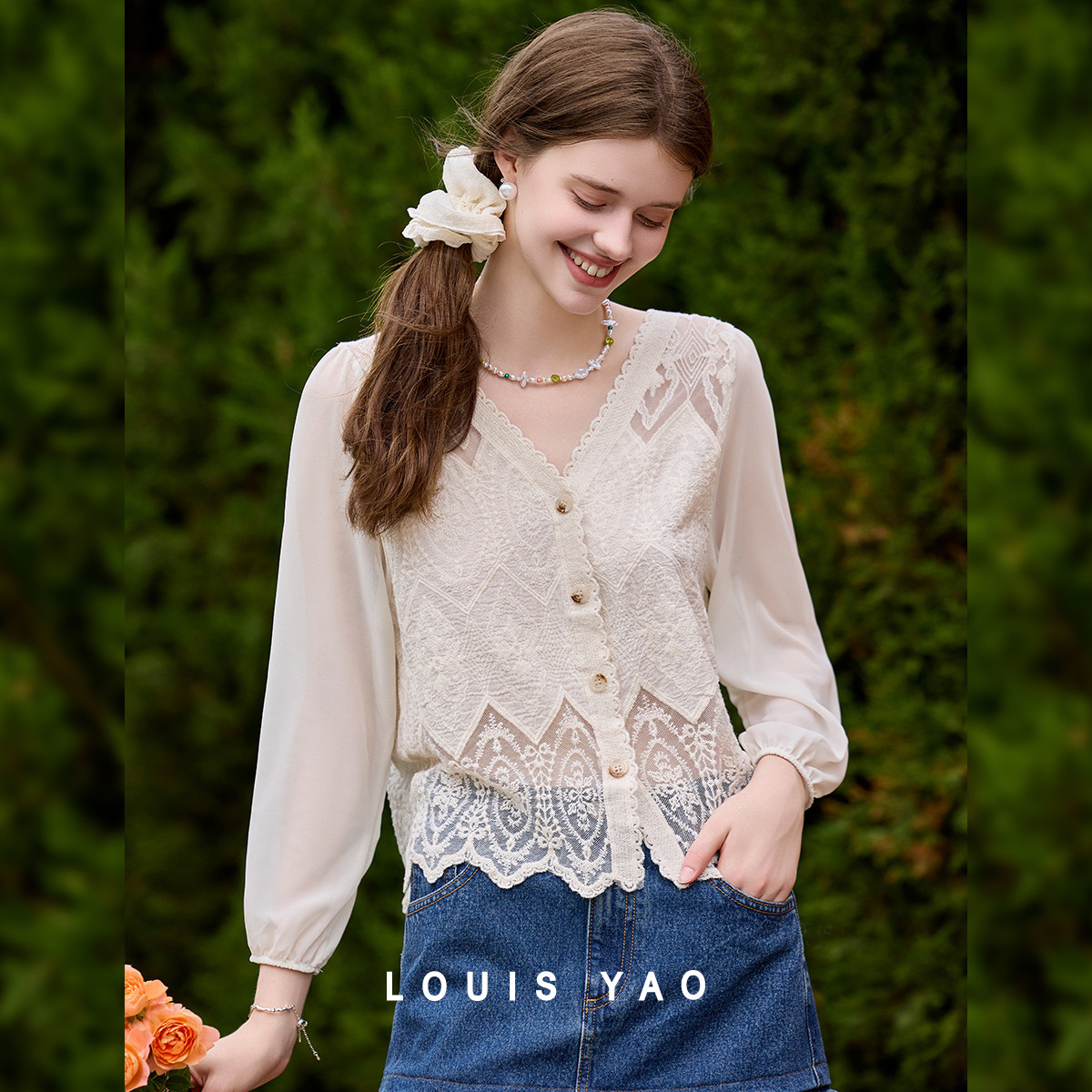 Embroidery Cardigan - LOUIS YAO Sweet Lace V-neck Cardigan