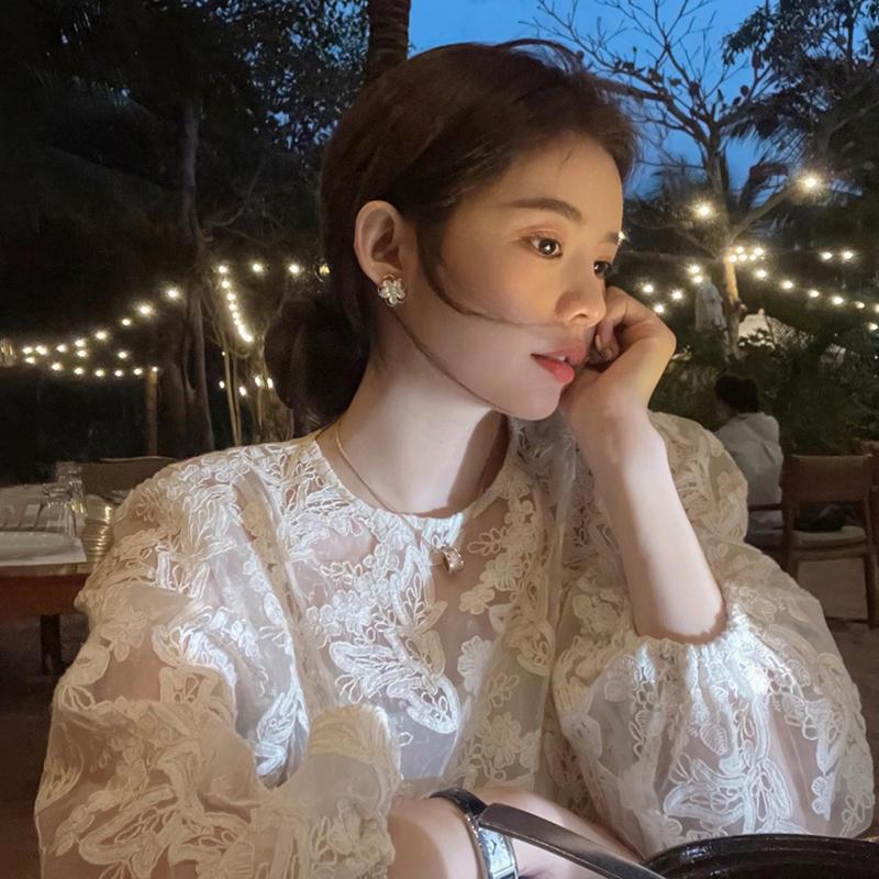 Embroidery On Shirt - MEXZT Elegant Sheer White Shirts Women