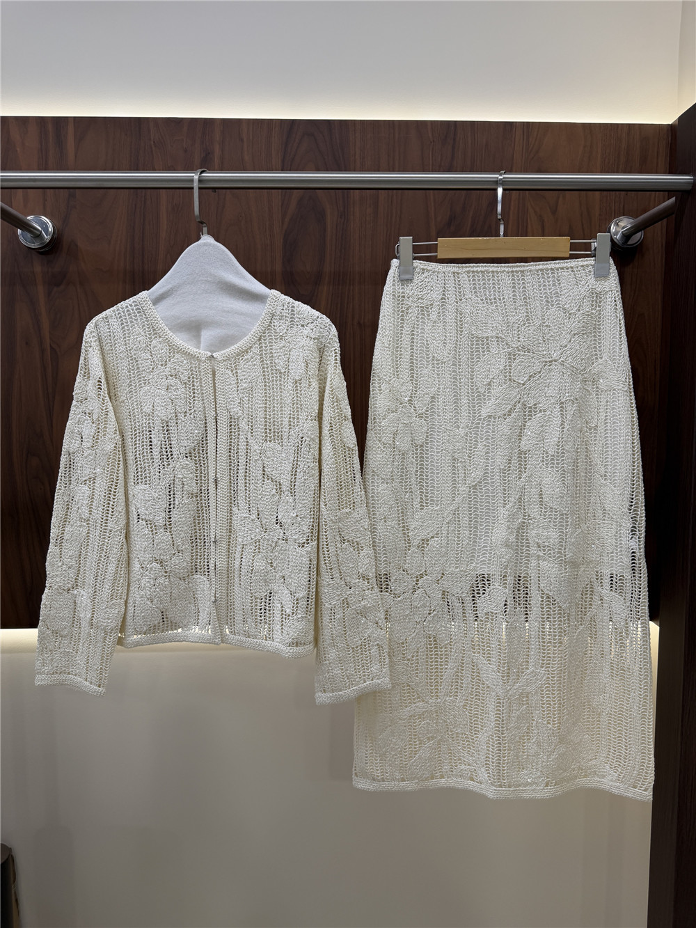Embroidery Cardigan - Women's Openwork Embroidered Knit Set: Crew-Neck