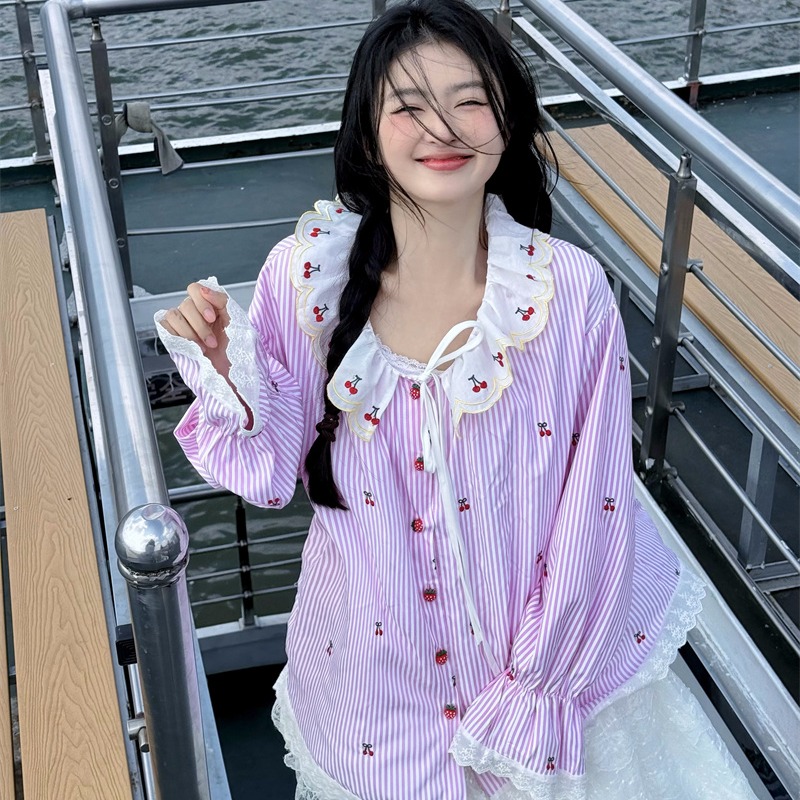 Embroidery Cardigan - Korean Sweet Style Loose Cherry Embroidery
