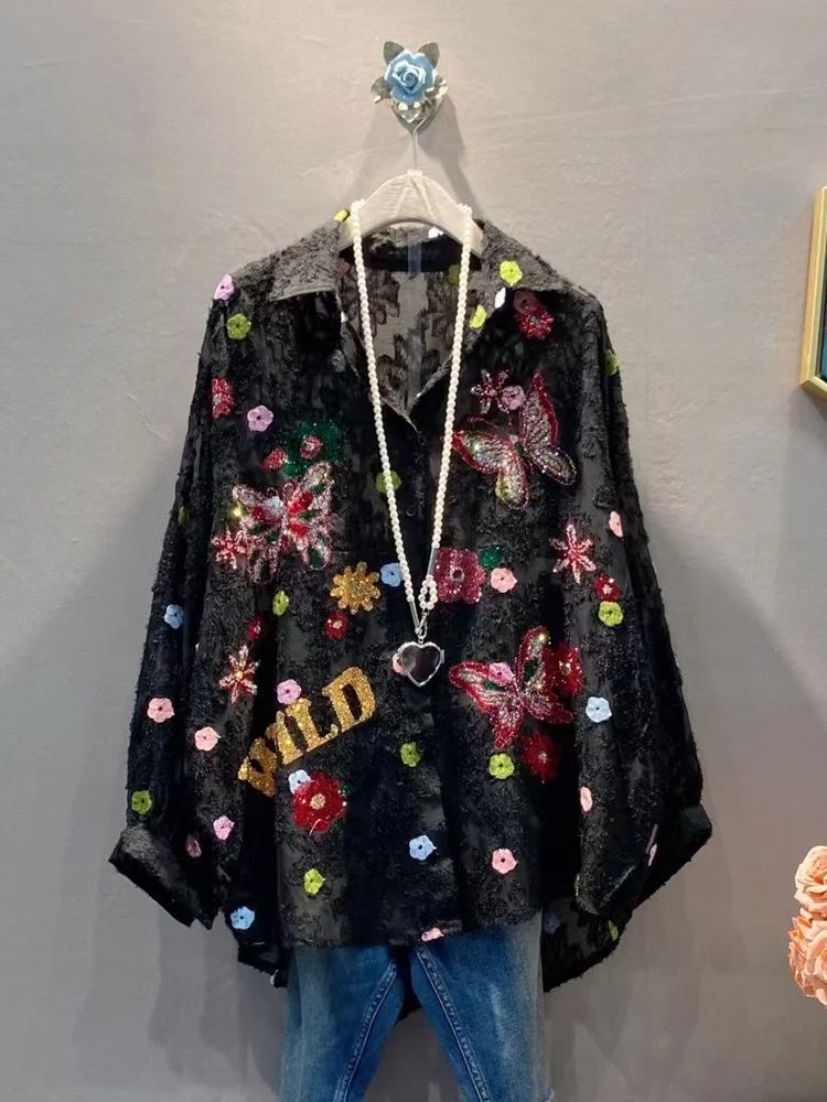 Embroidery On Shirt - Sequined Embroidery Camisas Loose Casual Oversized