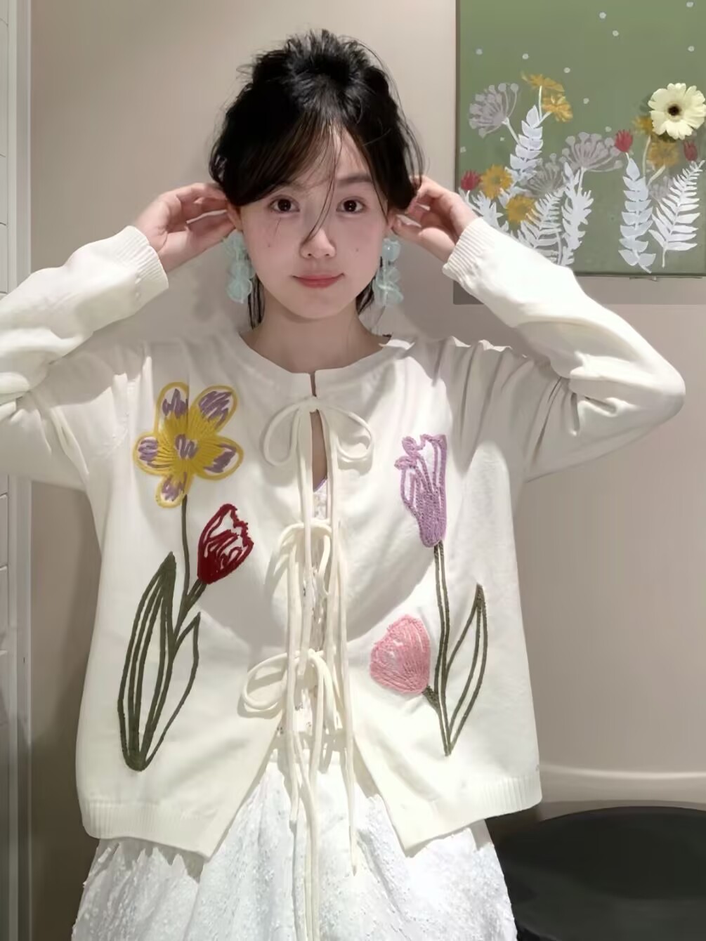 Embroidery Cardigan - Womens Knit Cardigan Embroidered Flowers Lace