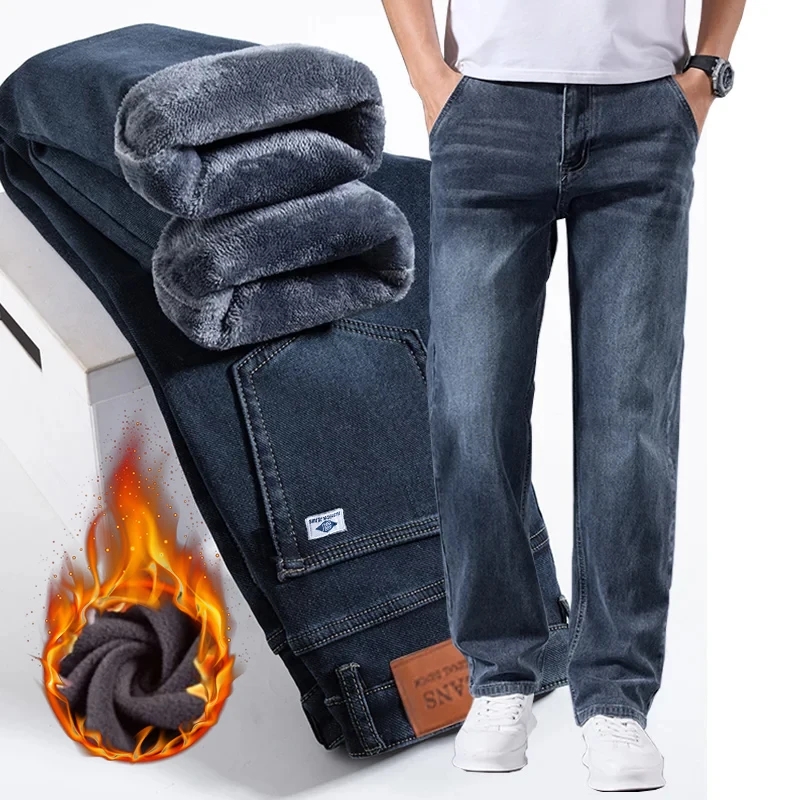 Embroidery On Jeans - Winter Fleece Men Jeans Thick Stretch