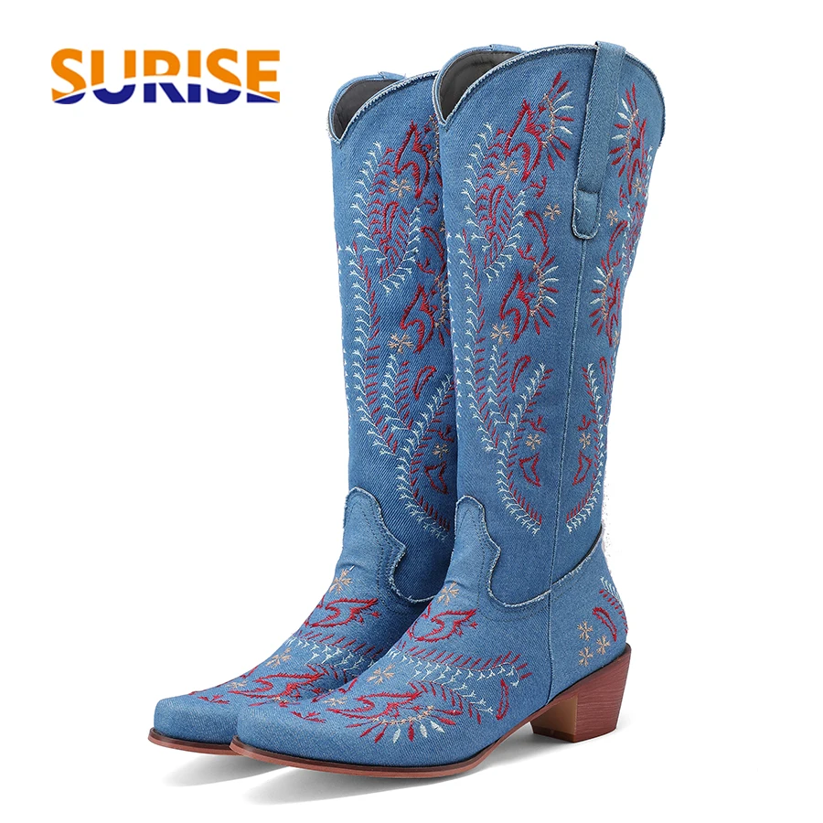 Embroidery On Jeans - Blue Denim Western Cowgirl Knee High
