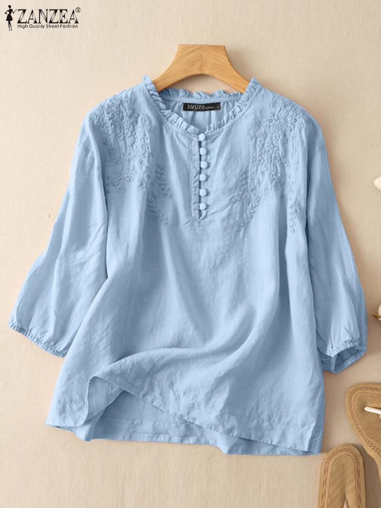 ZANZEA Summer Vintage Shirts E - Embroidery On Shirt ulasan dan harga