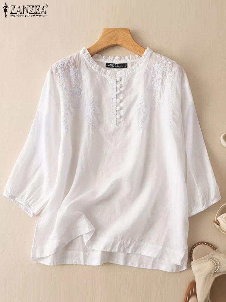 ZANZEA Summer Vintage Shirts E - Embroidery On Shirt ulasan dan harga