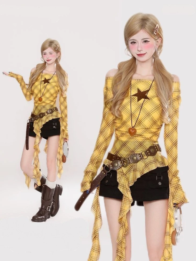Y2K Plaid Slash Neck Vintage T - Embroidery Fashion ulasan dan harga
