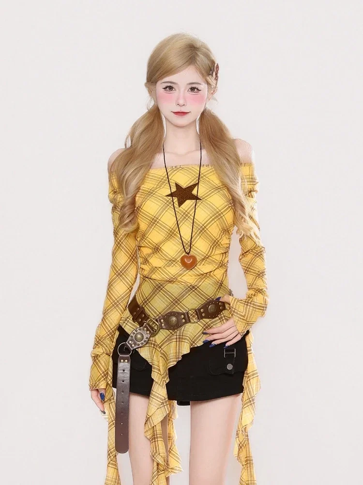 Y2K Plaid Slash Neck Vintage T - Embroidery Fashion ulasan dan harga