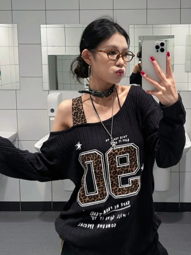 Y2K Patchwork Leopard Print T- - Embroidery Fashion ulasan dan harga