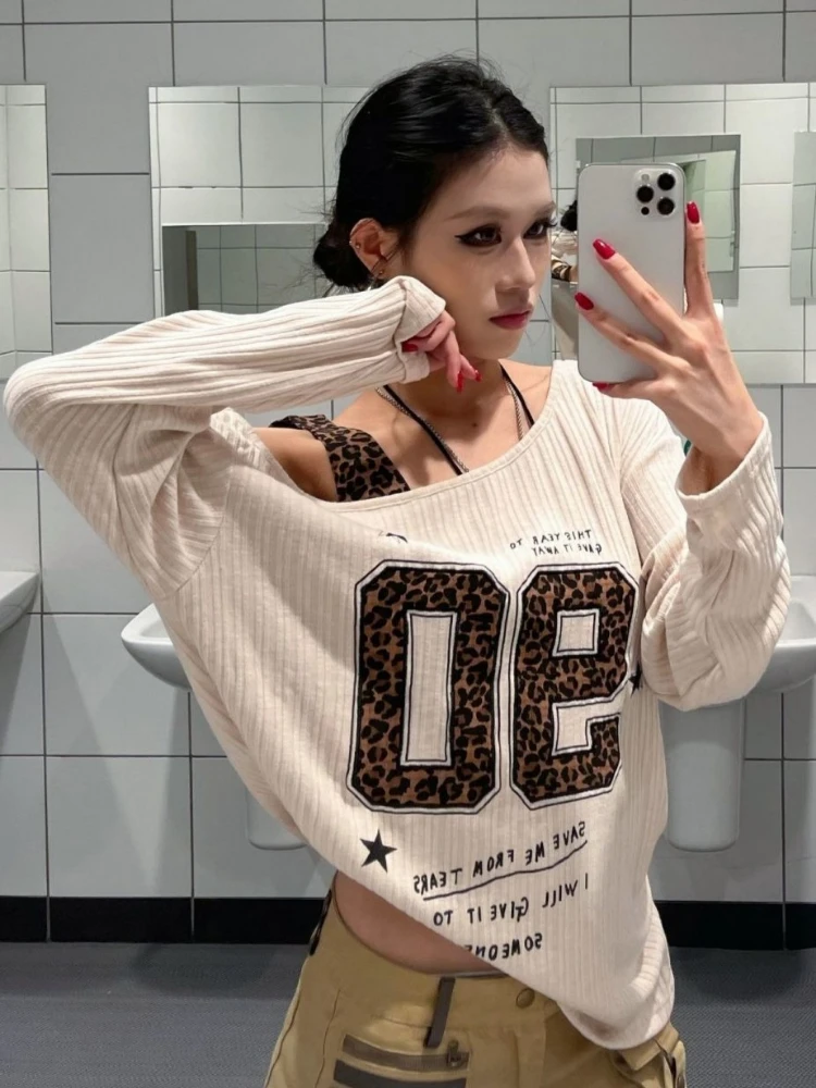 Y2K Patchwork Leopard Print T- - Embroidery Fashion ulasan dan harga