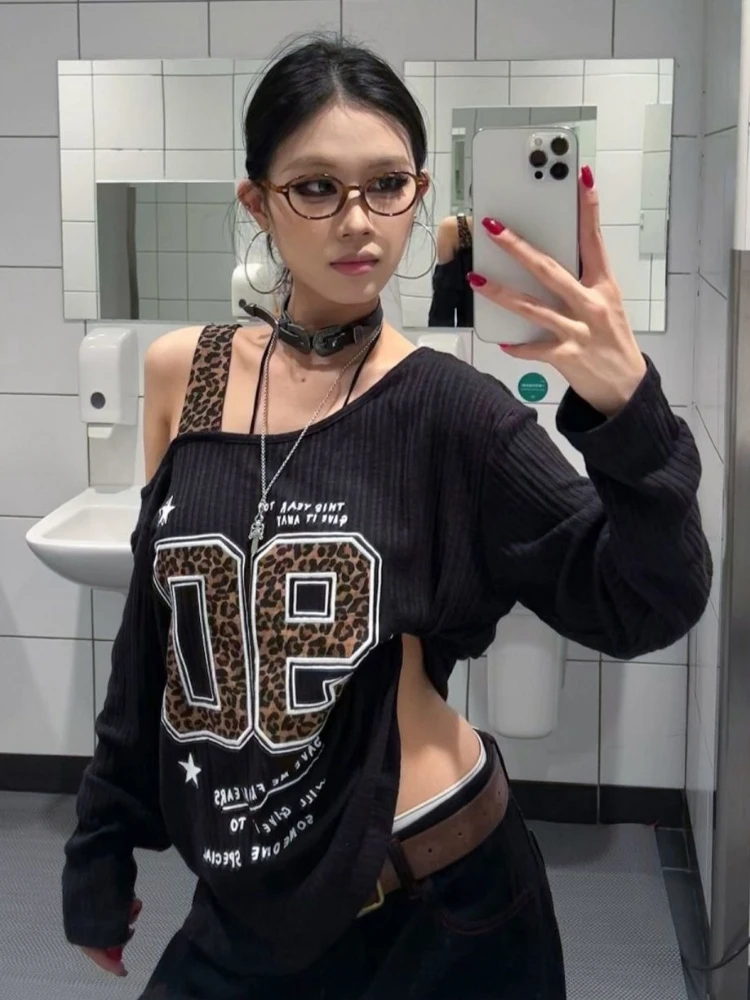 Y2K Patchwork Leopard Print T- - Embroidery Fashion ulasan dan harga