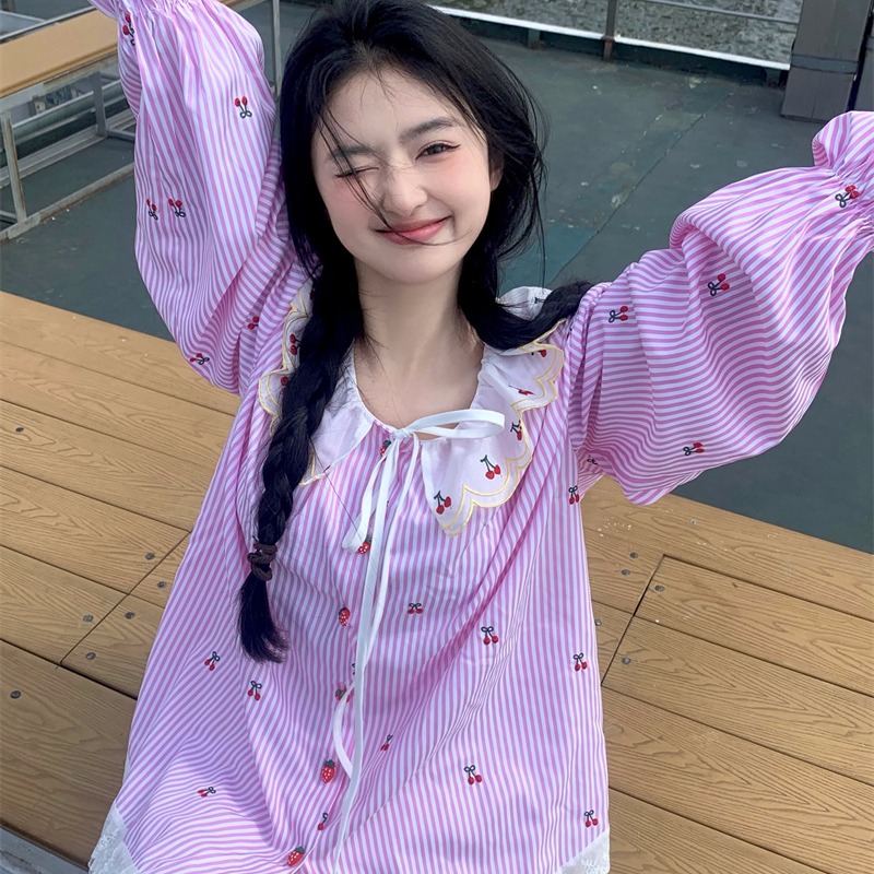 Korean Sweet Style Loose Cherr - Embroidery Cardigan ulasan dan harga