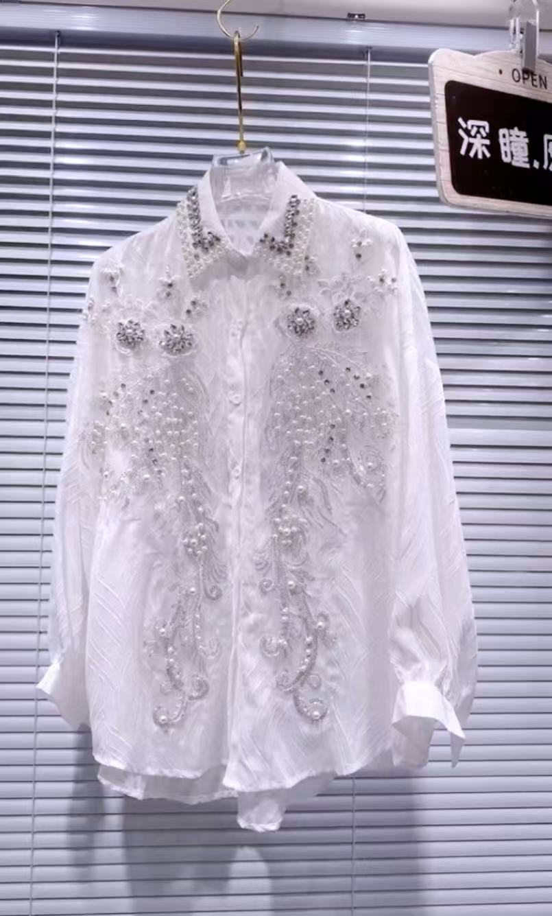 New In Sparkle Pearls Beaded D - Embroidery On Shirt ulasan dan harga