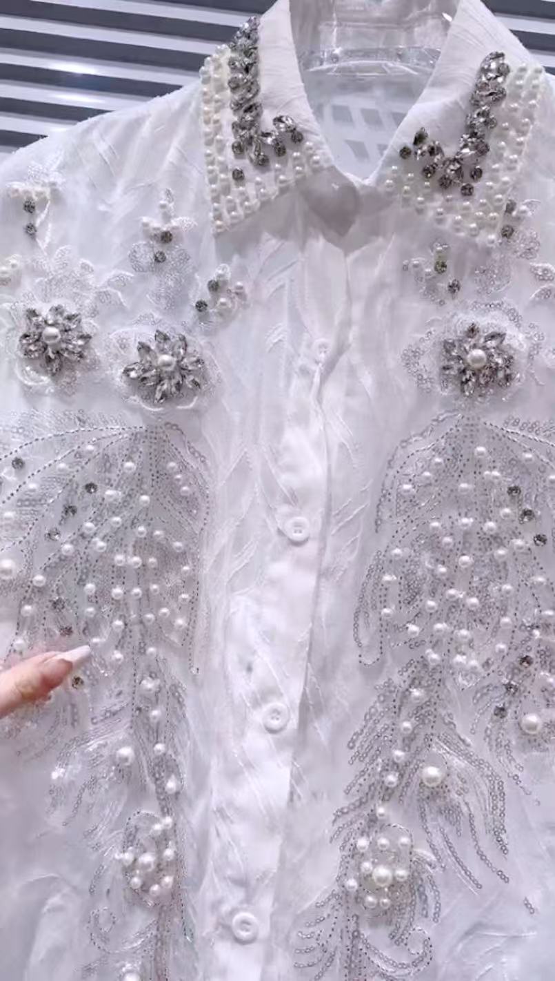 New In Sparkle Pearls Beaded D - Embroidery On Shirt ulasan dan harga