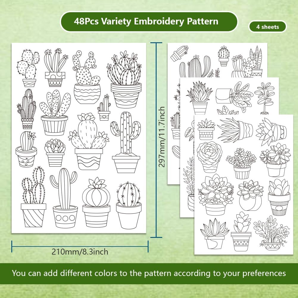 48Pcs Cactus Embroidery Self-A - Embroidery Flower Pattern ulasan dan harga