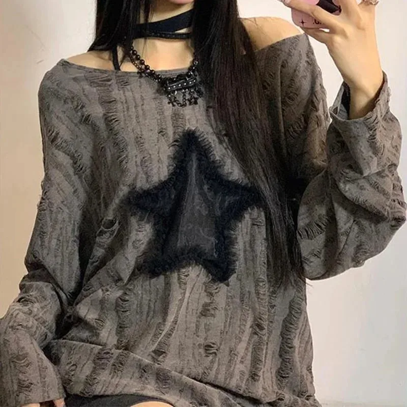 Y2K Hole Star Print T-Shirt Wo - Embroidery On Shirt ulasan dan harga