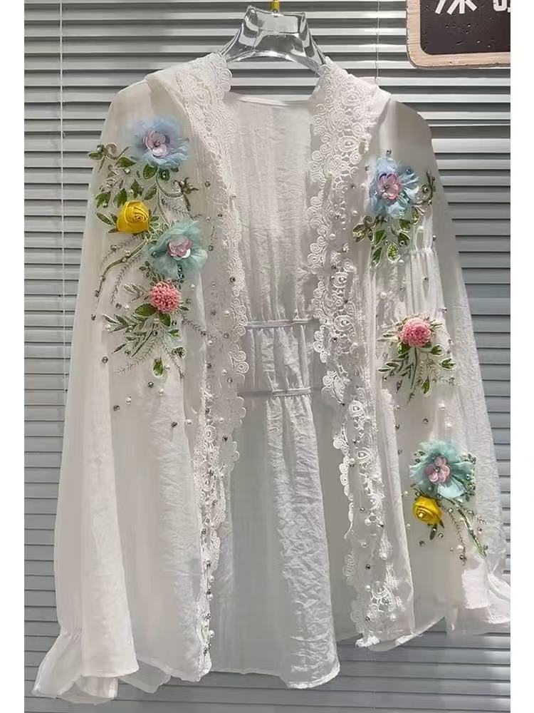 Breathable Cotton Blended Whit - Embroidery Cardigan ulasan dan harga