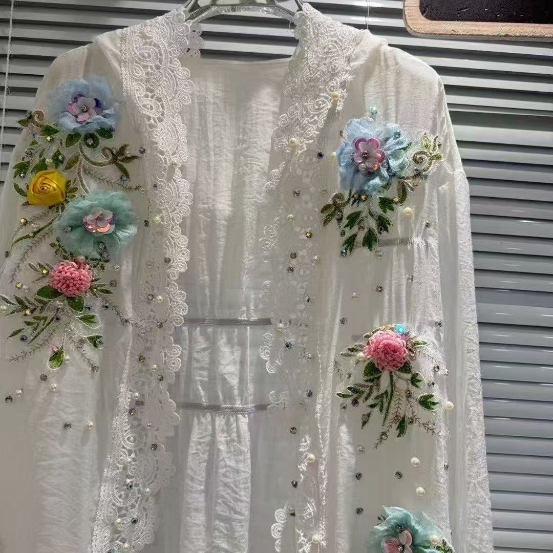 Breathable Cotton Blended Whit - Embroidery Cardigan ulasan dan harga