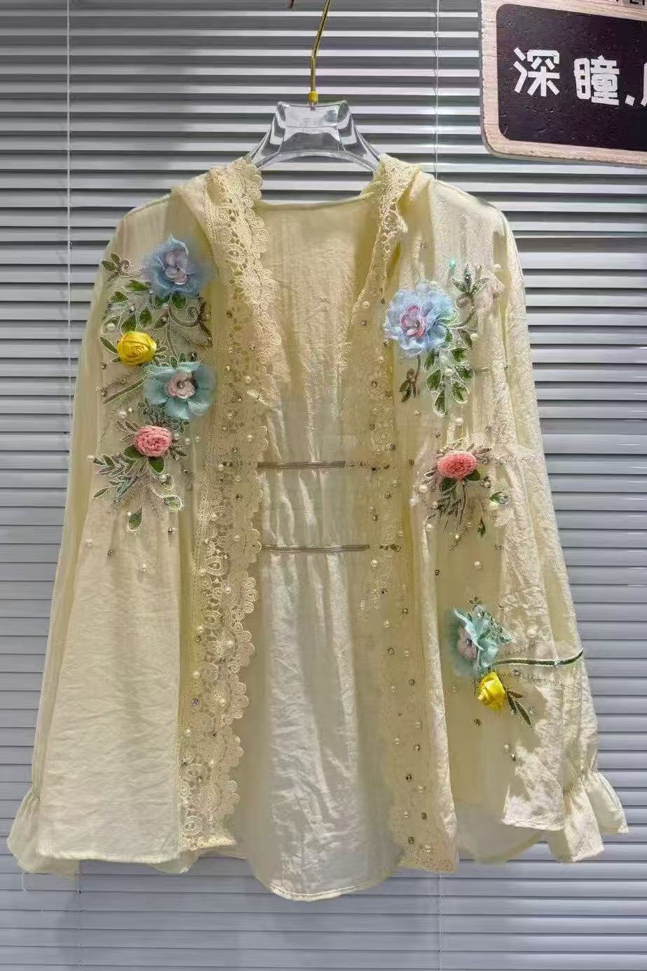 Breathable Cotton Blended Whit - Embroidery Cardigan ulasan dan harga